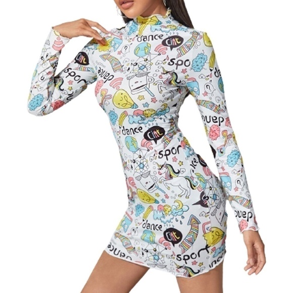 Op Pop Art Scribble Dress Bandaid Bodycon Graphic Cartoon Graffiti Unicorns NIP - Picture 4 of 12